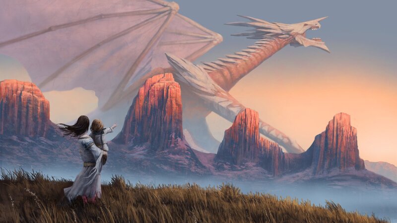 Woman and Child with Dragon — Orange, Dramatic