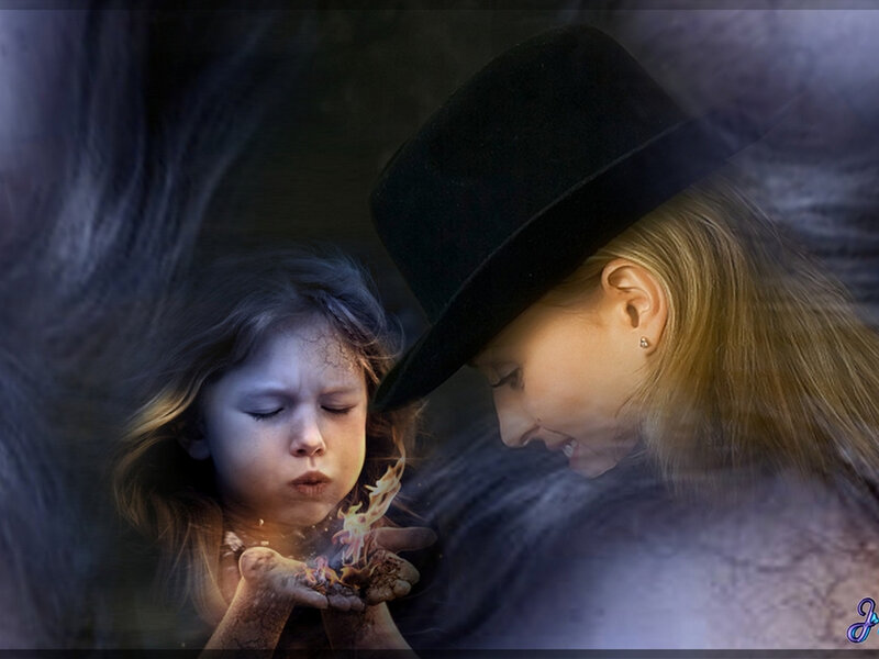 Woman and Child with Fire