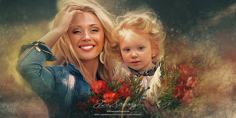 Woman and Child with Flowers — Red