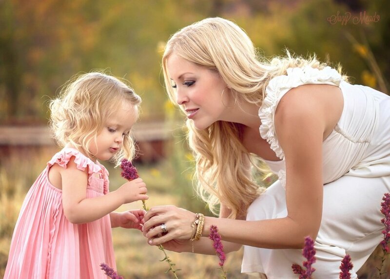 Woman and Child with Flowers — White