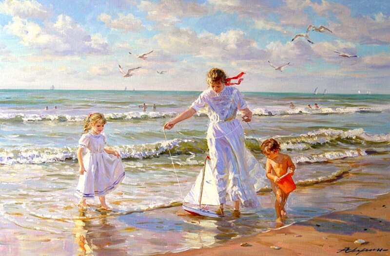 Woman and Children at Beach