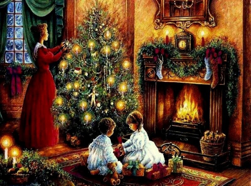 Woman and Children Decorating