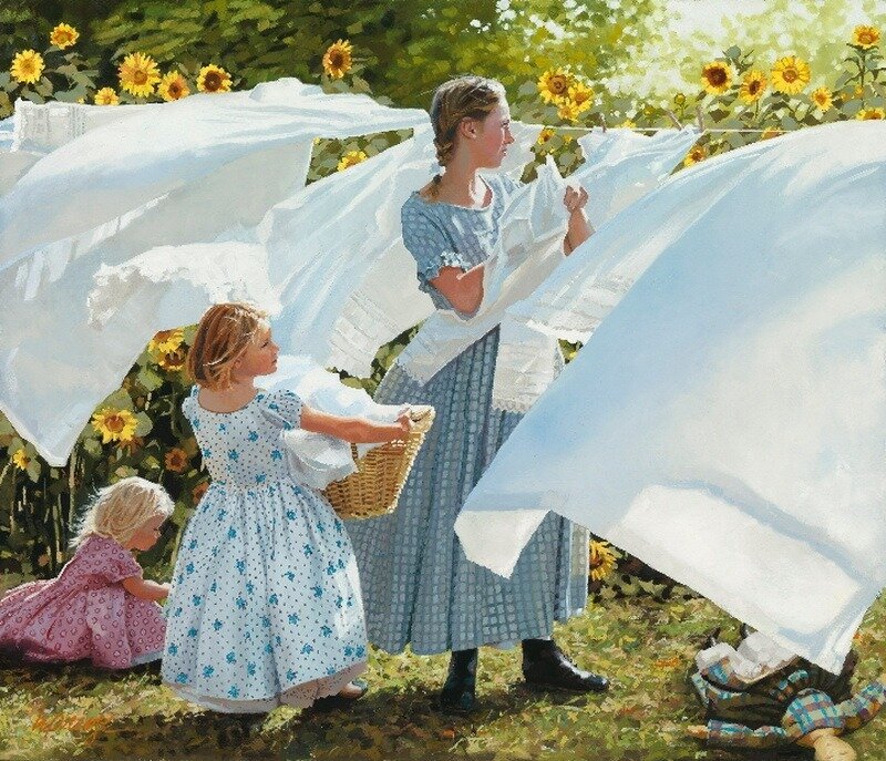 Woman and Children Hanging Laundry