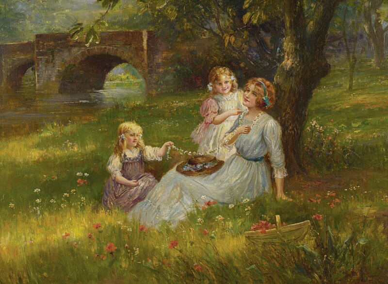 Woman and Children in Field — Green, Serene