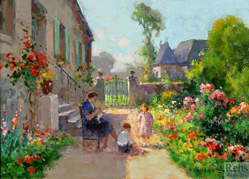 Woman and Children in Garden — Green, Serene