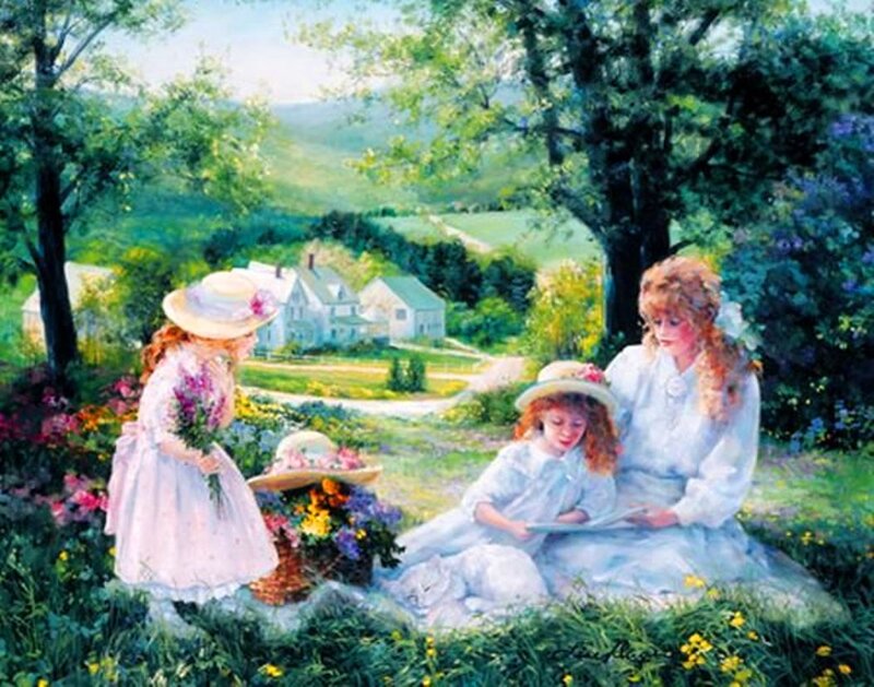 Woman and Children in Garden — Green