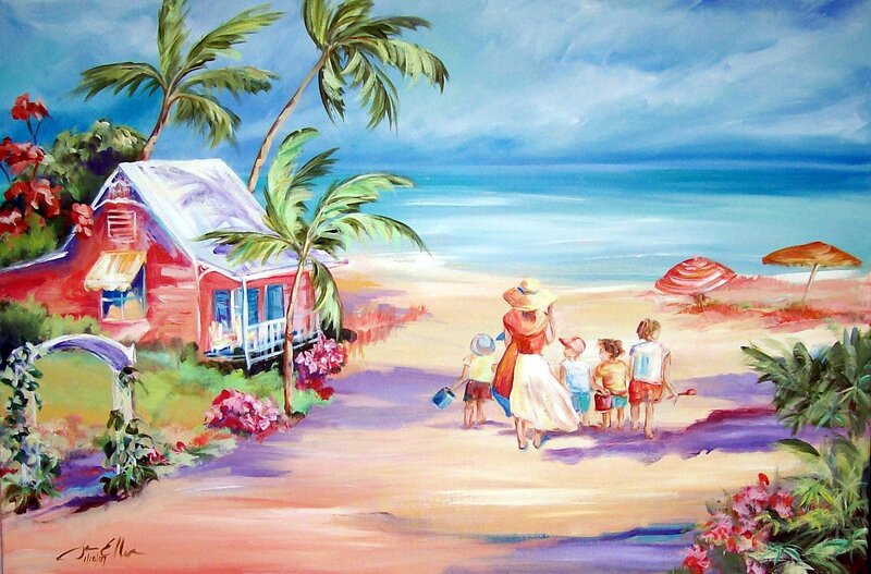 Woman and Children on Beach — Blue