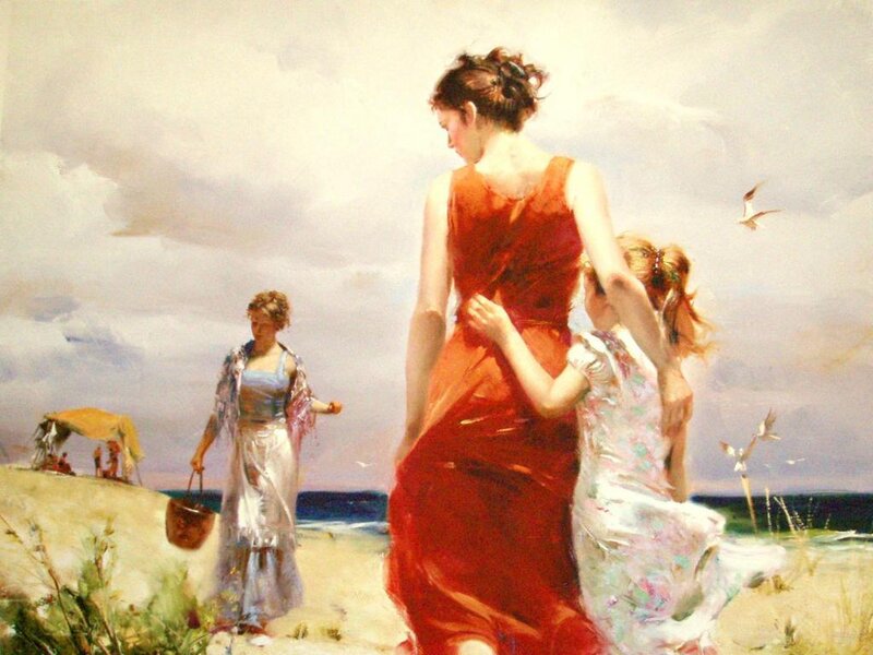 Woman and Children on Beach — Red