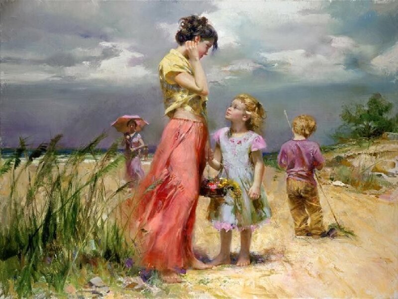 Woman and Children on Beach — Yellow