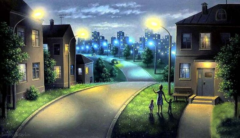 Woman and Children on Sidewalk