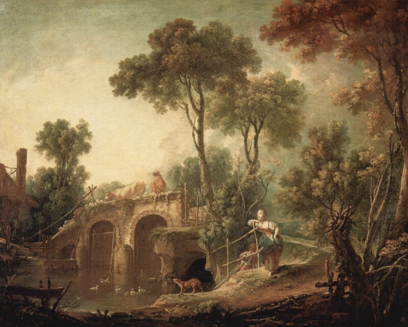 Woman and Cow by Bridge