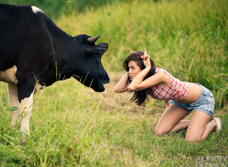 Woman and Cow in Field