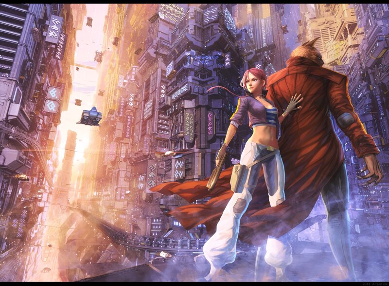 Woman and Creature in City