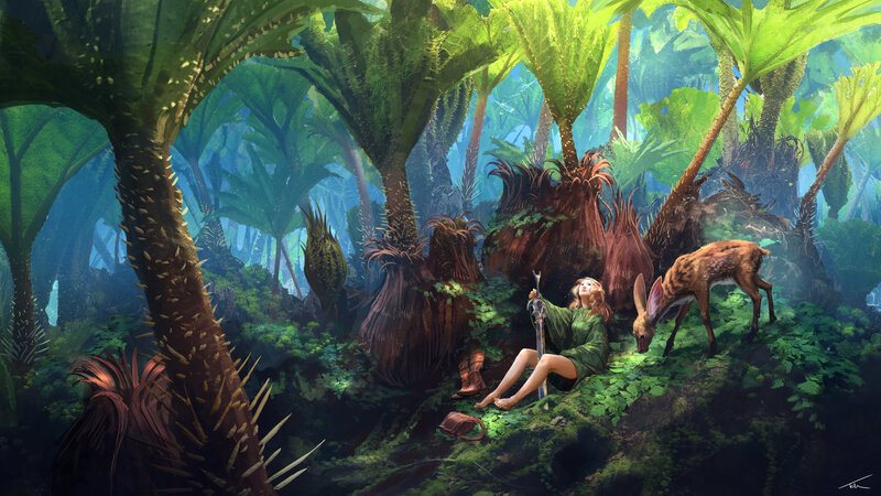 Woman and Deer in Forest — Green