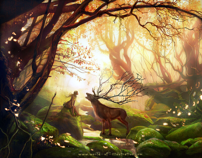 Woman and Deer in Forest