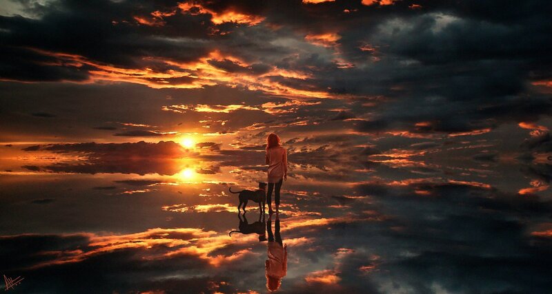 Woman and Dog at Sunset — Orange