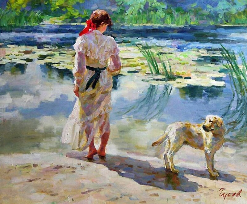 Woman and Dog by Water