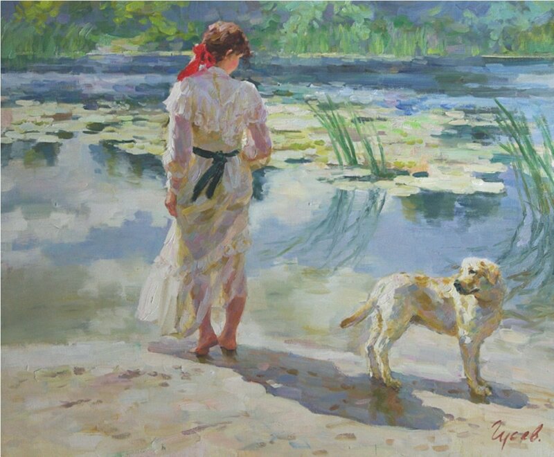 Woman and Dog by Water — White