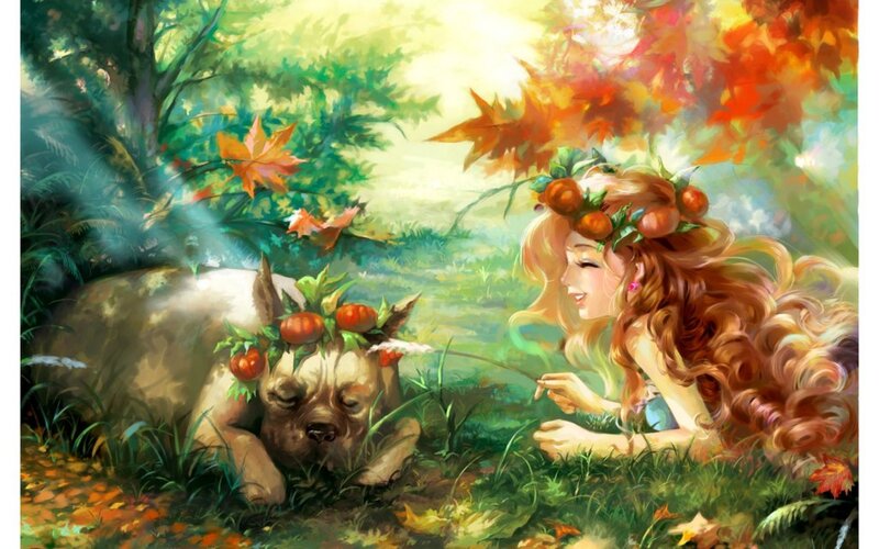 Woman and Dog in Forest — Green, Serene, Autumn