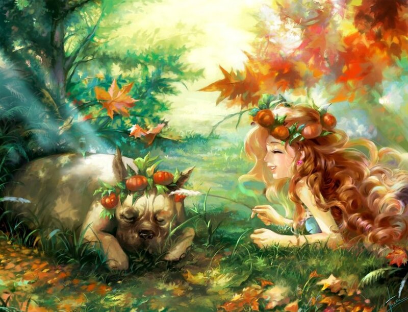 Woman and Dog in Forest — Green