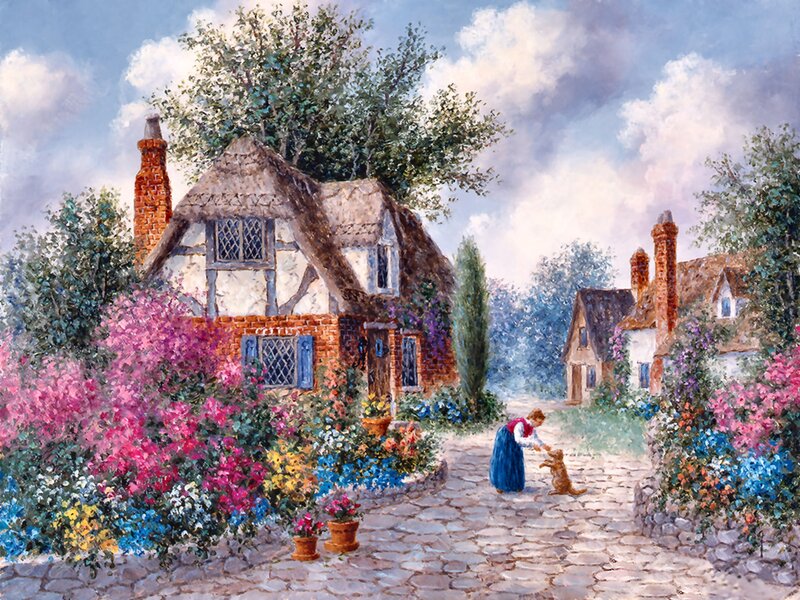 Woman and Dog in Garden
