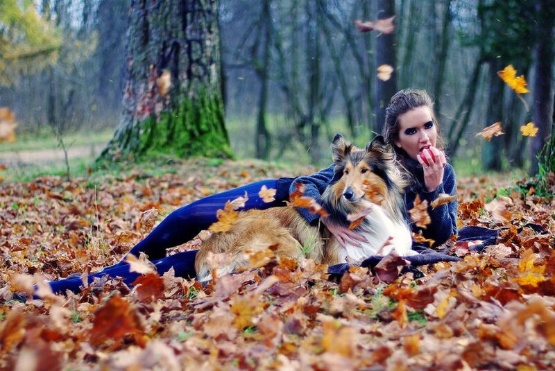Woman and Dog in Leaves