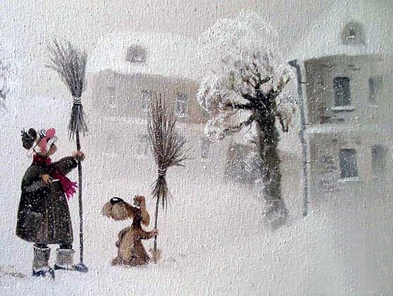 Woman and Dog in Snow — White, Cold