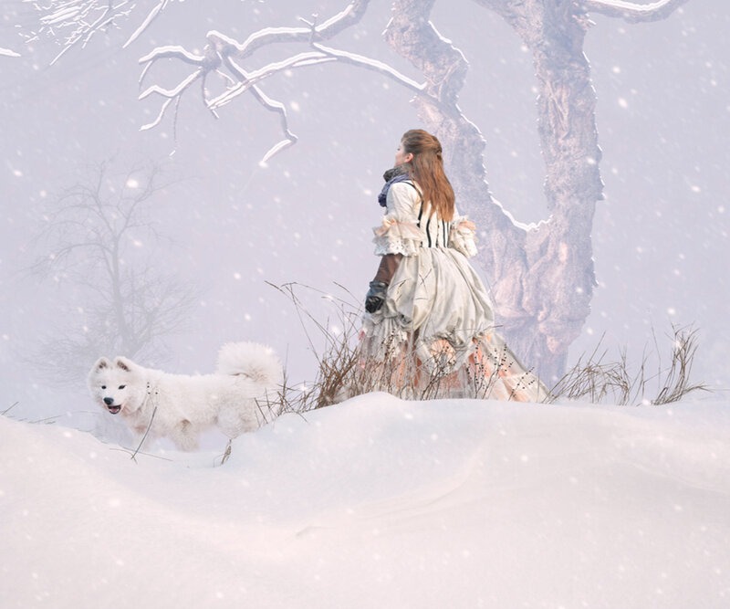 Woman and Dog in Snow — White, Serene, Winter