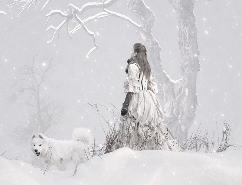 Woman and Dog in Snow — White