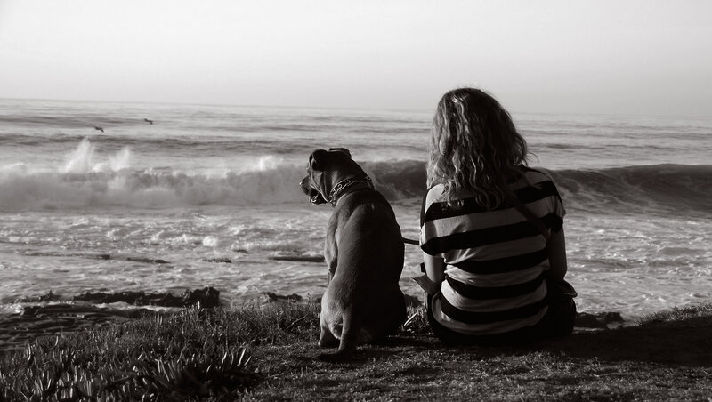 Woman and Dog on Beach — Black