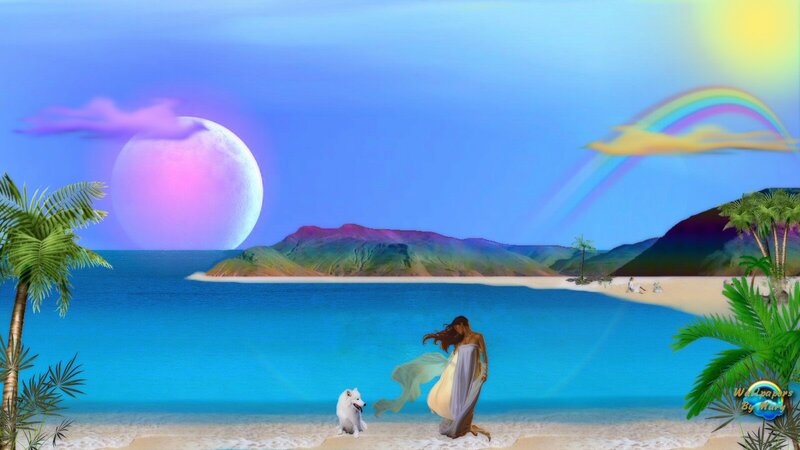Woman and Dog on Beach — Blue