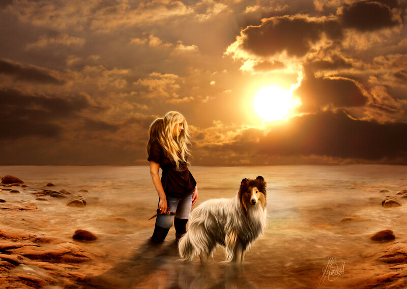 Woman and Dog on Beach — Orange, Dramatic