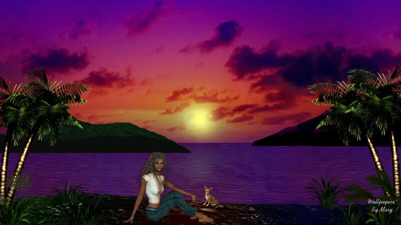 Woman and Dog on Beach — Purple