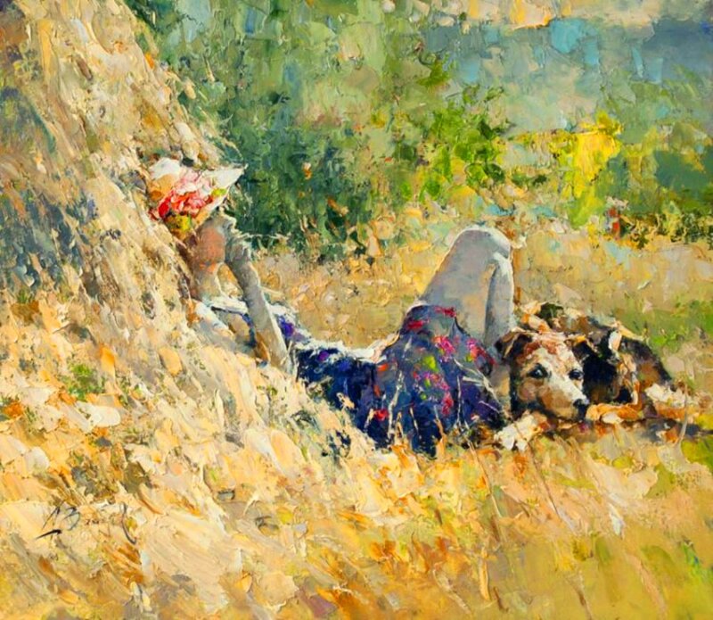 Woman and Dog on Hillside