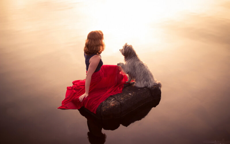Woman and Dog on Rock — Red
