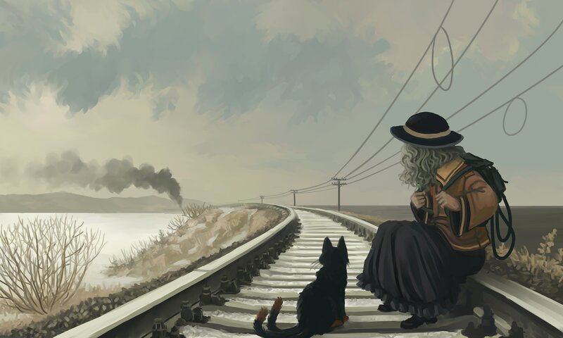 Woman and Dog on Train Tracks