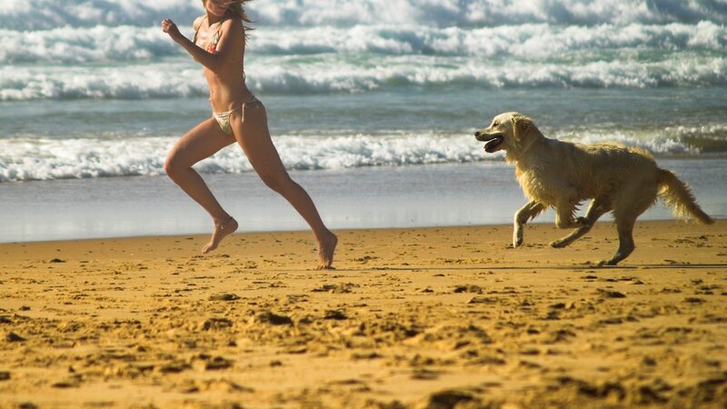 Woman and Dog Running — Brown