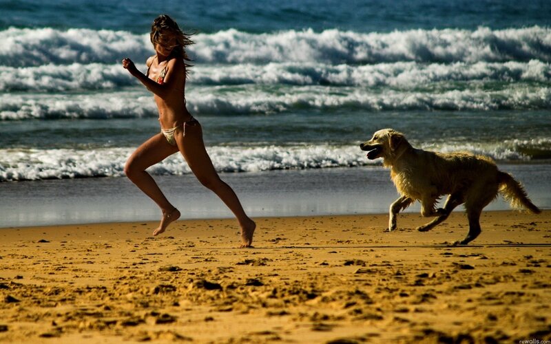 woman and dog running on beach