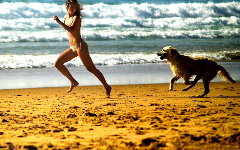 Woman and Dog Running — Yellow