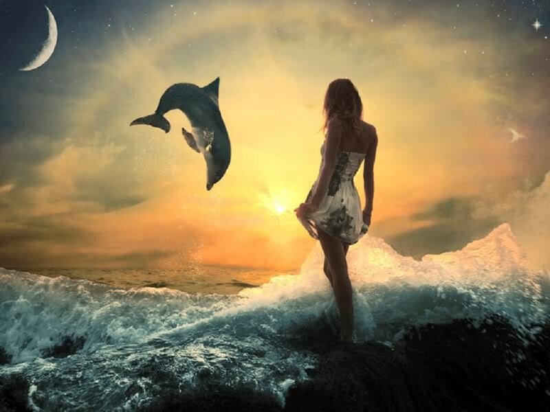 Woman and Dolphin at Sunset — Orange