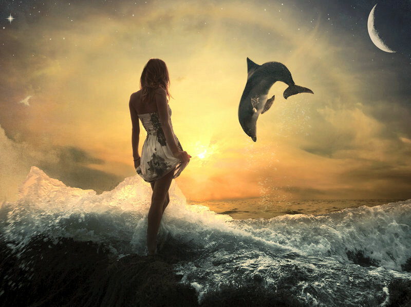 Woman and Dolphin at Sunset — Yellow