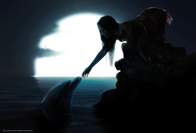 Woman and Dolphin — Blue, Serene, Night