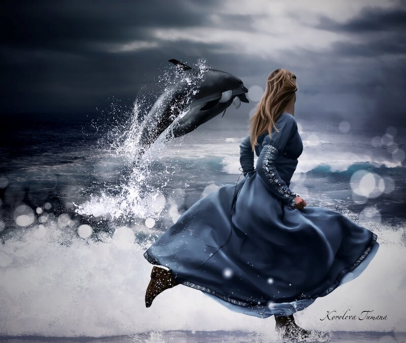 Woman and Dolphin — Blue