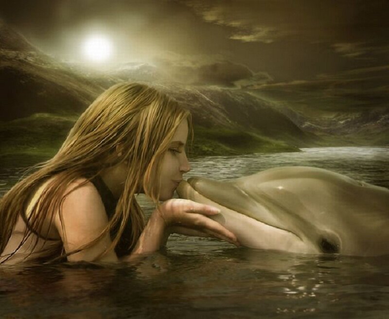 Woman and Dolphin in Water