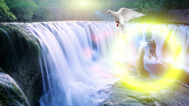 Woman and Dove at Waterfall