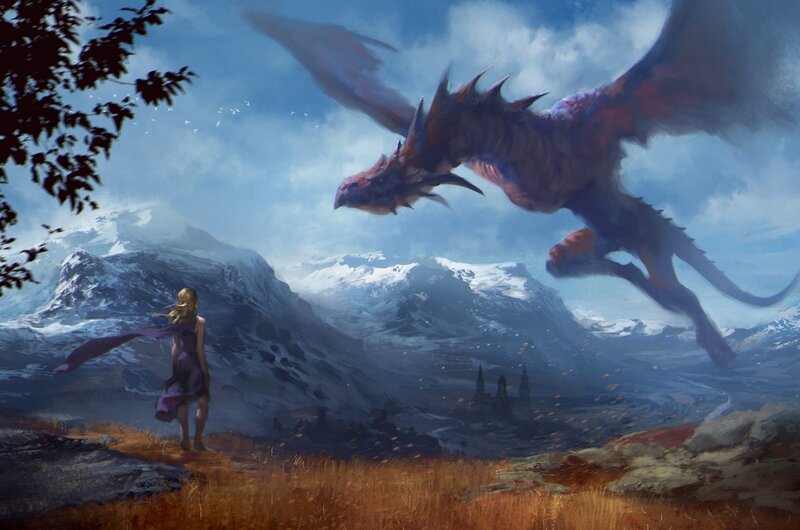 Woman and Dragon — Blue, Dramatic, Afternoon