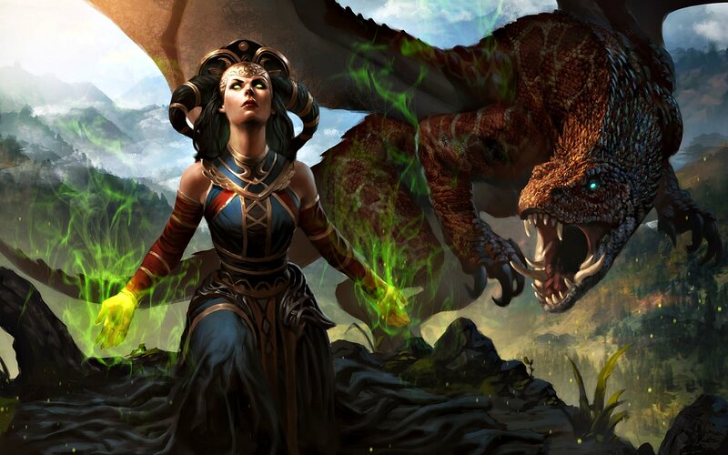 Woman and Dragon — Green, Dramatic, Digital Art, Magic