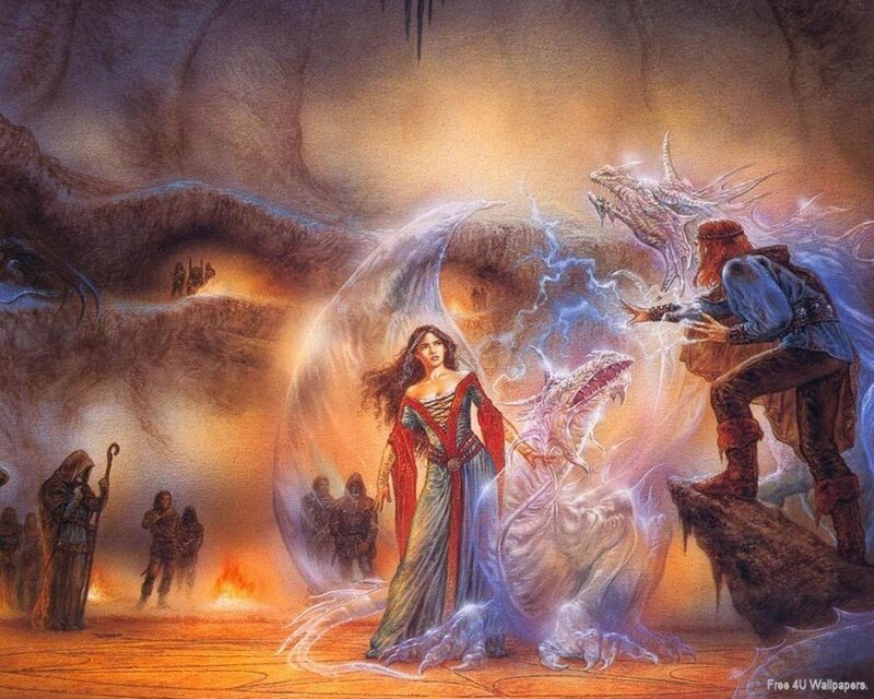 Woman and Dragon in Cave — Orange, Dramatic