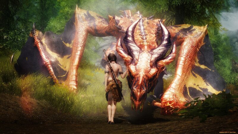 Woman and Dragon in Forest — Green, Dramatic