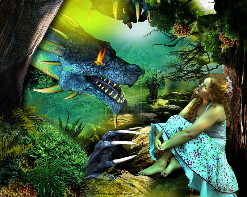 Woman and Dragon in Forest — Green